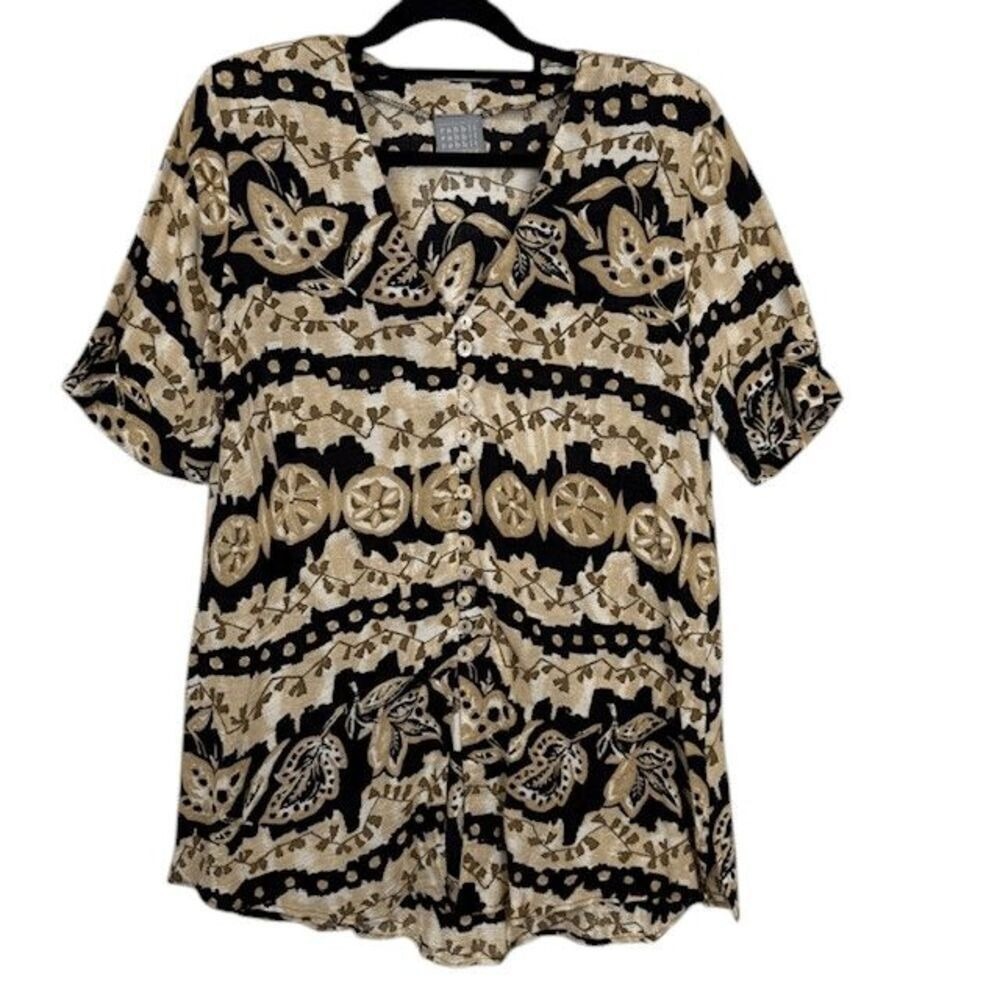 Rabbit Rabbit Rabbit Tropical‎ Print Blouse Shell Buttons Black Tan Size 12 - Picture 3 of 12